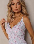 defox Rochie de bumbac albastră deschisă cu bretele subțiri cu imprimeu floral și croială evazată Rosaq