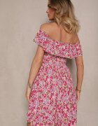 defox Rochie de bumbac roz stil spaniol cu flori și volane Nairavie
