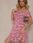 defox Rochie de bumbac roz stil spaniol cu flori și volane Nairavie