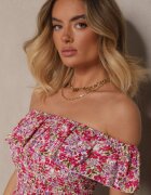 defox Rochie de bumbac roz stil spaniol cu flori și volane Nairavie