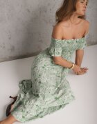 defox Rochie de Bumbac Verde Croială Spaniolă cu Volan Ușor Risalins