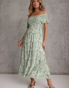 defox Rochie de Bumbac Verde Croială Spaniolă cu Volan Ușor Risalins
