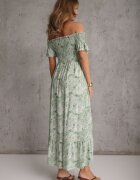 defox Rochie de Bumbac Verde Croială Spaniolă cu Volan Ușor Risalins