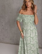 defox Rochie de Bumbac Verde Croială Spaniolă cu Volan Ușor Risalins