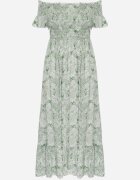 defox Rochie de Bumbac Verde Croială Spaniolă cu Volan Ușor Risalins