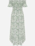 defox Rochie de Bumbac Verde Croială Spaniolă cu Volan Ușor Risalins