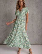 defox Rochie de bumbac verde deschis de vară cu elastic în talie și volane delicate Gloriassa