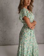 defox Rochie de bumbac verde deschis de vară cu elastic în talie și volane delicate Gloriassa