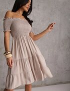 defox Rochie de vară Bej deschis din bumbac croială spaniolă cu volane evazate Lorania