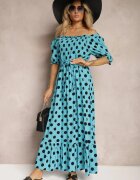defox Rochie din Bumbac Albastră cu Decolteu Încrețit și Curea din Material Tesaya