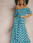 defox Rochie din Bumbac Albastră cu Decolteu Încrețit și Curea din Material Tesaya