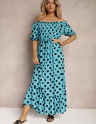 defox Rochie din Bumbac Albastră cu Decolteu Încrețit și Curea din Material Tesaya