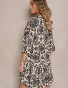 defox Rochie din Bumbac Bej-Negru cu Croială Cloș cu Imprimeu Ornamental Laniwea