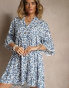 defox Rochie evazată alb și albastru din bumbac decorată cu imprimeu floral Jenelitia