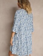 defox Rochie evazată alb și albastru din bumbac decorată cu imprimeu floral Jenelitia