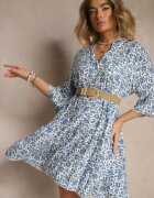 defox Rochie evazată alb și albastru din bumbac decorată cu imprimeu floral Jenelitia