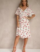 defox Rochie Evazată Albă din Bumbac Decorată cu Imprimeu cu Cireșe Folenea
