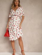 defox Rochie Evazată Albă din Bumbac Decorată cu Imprimeu cu Cireșe Folenea