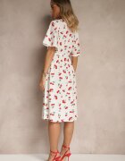 defox Rochie Evazată Albă din Bumbac Decorată cu Imprimeu cu Cireșe Folenea