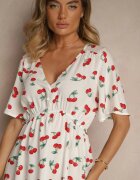 defox Rochie Evazată Albă din Bumbac Decorată cu Imprimeu cu Cireșe Folenea