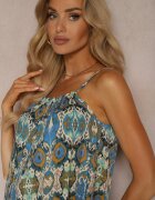 defox Rochie Evazată Albastru-Verde din bumbac cu bretele Tessadra
