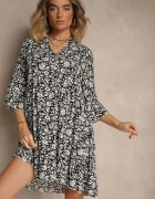 defox Rochie Evazată Neagră din Bumbac Decorată cu Model Floral Jenelitia