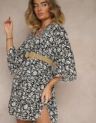 defox Rochie Evazată Neagră din Bumbac Decorată cu Model Floral Jenelitia
