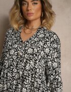 defox Rochie Evazată Neagră din Bumbac Decorată cu Model Floral Jenelitia
