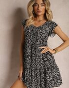 defox Rochie Evazată Negru-Alb din Bumbac Decorată cu Volane Crisandra