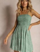 defox Rochie Evazată Verde cu Bretele din Bumbac Florală cu Legătură la Spate Nelsira