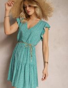 defox Rochie Evazată Verde din Bumbac cu Buline cu Decolteu Triunghiular Riessa