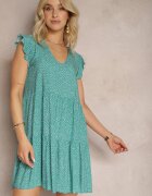 defox Rochie Evazată Verde din Bumbac cu Buline cu Decolteu Triunghiular Riessa