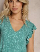 defox Rochie Evazată Verde din Bumbac cu Buline cu Decolteu Triunghiular Riessa