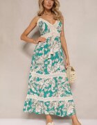 defox Rochie Evazată Verde din Bumbac cu Imprimeu Tropical cu Dantelă Alulora