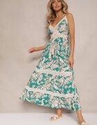defox Rochie Evazată Verde din Bumbac cu Imprimeu Tropical cu Dantelă Alulora