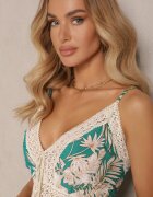 defox Rochie Evazată Verde din Bumbac cu Imprimeu Tropical cu Dantelă Alulora