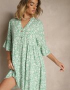 defox Rochie Evazată Verde din Bumbac Decorată cu Model Floral Jenelitia