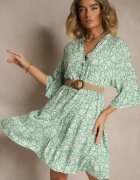 defox Rochie Evazată Verde din Bumbac Decorată cu Model Floral Jenelitia