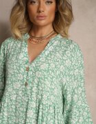 defox Rochie Evazată Verde din Bumbac Decorată cu Model Floral Jenelitia