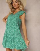 defox Rochie Evazată Verde din Bumbac Decorată cu Volănaș Crisandra