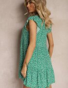 defox Rochie Evazată Verde din Bumbac Decorată cu Volănaș Crisandra