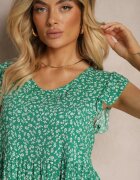 defox Rochie Evazată Verde din Bumbac Decorată cu Volănaș Crisandra