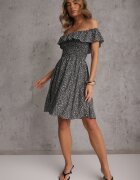 defox Rochie Florală Neagră Spaniolă din Bumbac cu elastic în talie Nevima