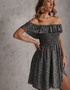 defox Rochie Florală Neagră Spaniolă din Bumbac cu elastic în talie Nevima