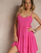 defox Rochie fuchsia din bumbac cu bretele decorată cu volane Lilitte