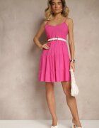 defox Rochie fuchsia din bumbac cu bretele decorată cu volane Lilitte