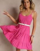 defox Rochie fuchsia din bumbac cu bretele decorată cu volane Lilitte