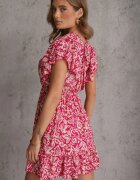 defox Rochie fuchsia din bumbac cu croi evazat decorată cu volane și elastic în talie Neliaura