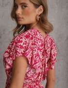 defox Rochie fuchsia din bumbac cu croi evazat decorată cu volane și elastic în talie Neliaura
