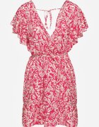 defox Rochie fuchsia din bumbac cu croi evazat decorată cu volane și elastic în talie Neliaura
